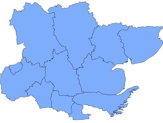 Map showing the 12 Essex districts